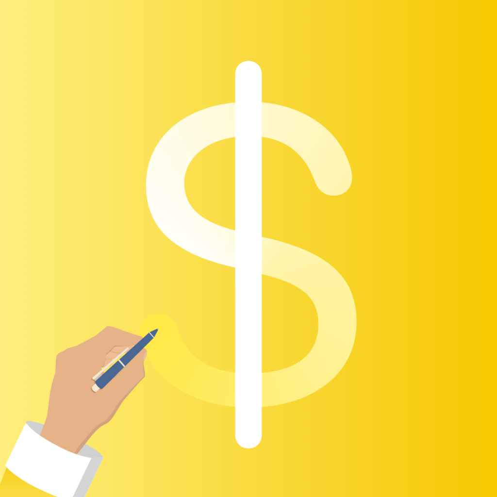 Image of a left hand holding a gray pen writing a large white dollar sign over a yellow-gold background