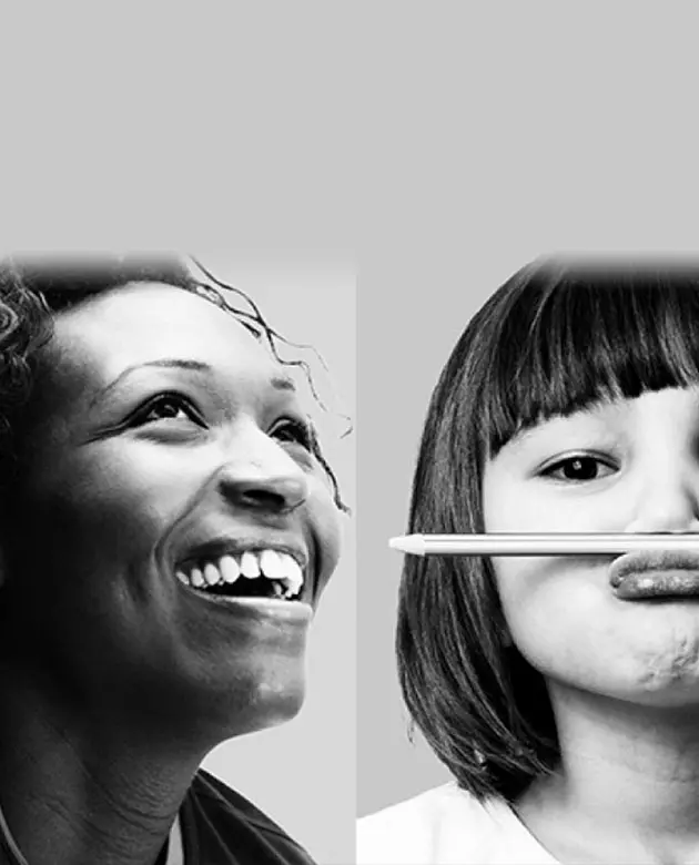 Split screen composite image or a smiling black woman on the left and a young mixed race girl with dark hair and bangs on the right, balancing a pencil between her nose and upper lip.