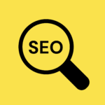 Graphic image displaying the outline of a black magnifying glass with the initials "SEO" in the middle over a yellow background