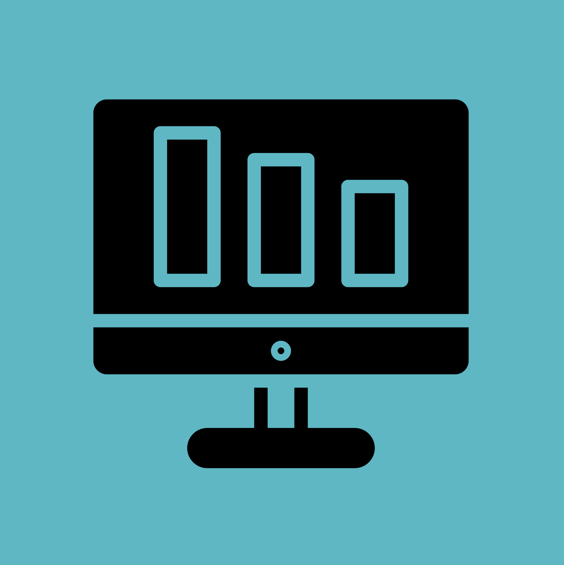 Icon image of a computer screen with three differently sized column on the screen. The computer icon shape is solid black, and the columns on the black screen are outlined in teal. The icon image sits within a teal background.