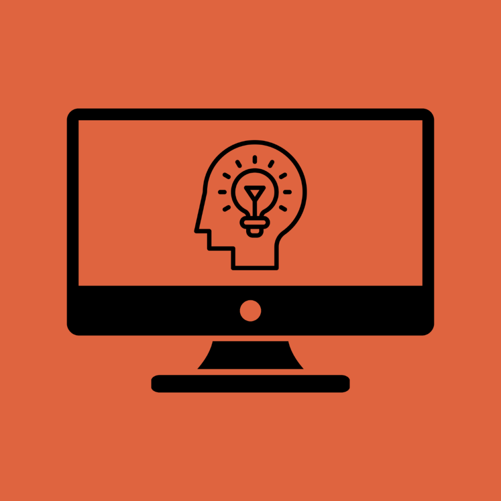 Black outline of a desktop computer screen with an icon image representing a human head with an idea. The computer (with head) artwork sits over a medium orange background.