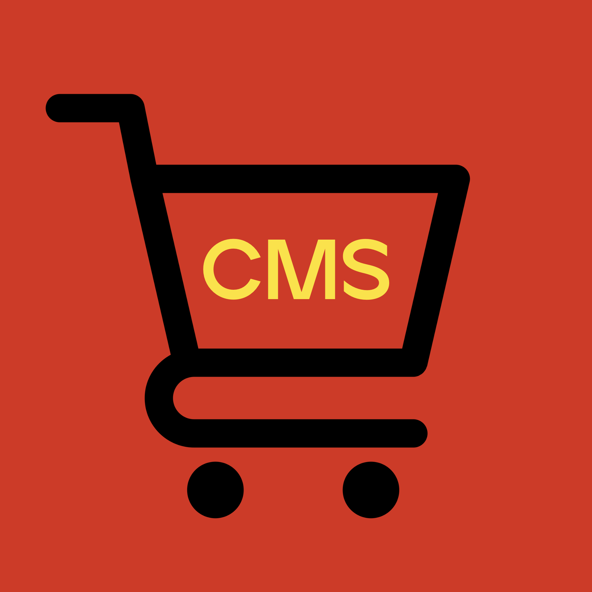 Black outline of a grocery store-style shopping cart with the letters "CMS" in the basket in yellow text, over a red background.